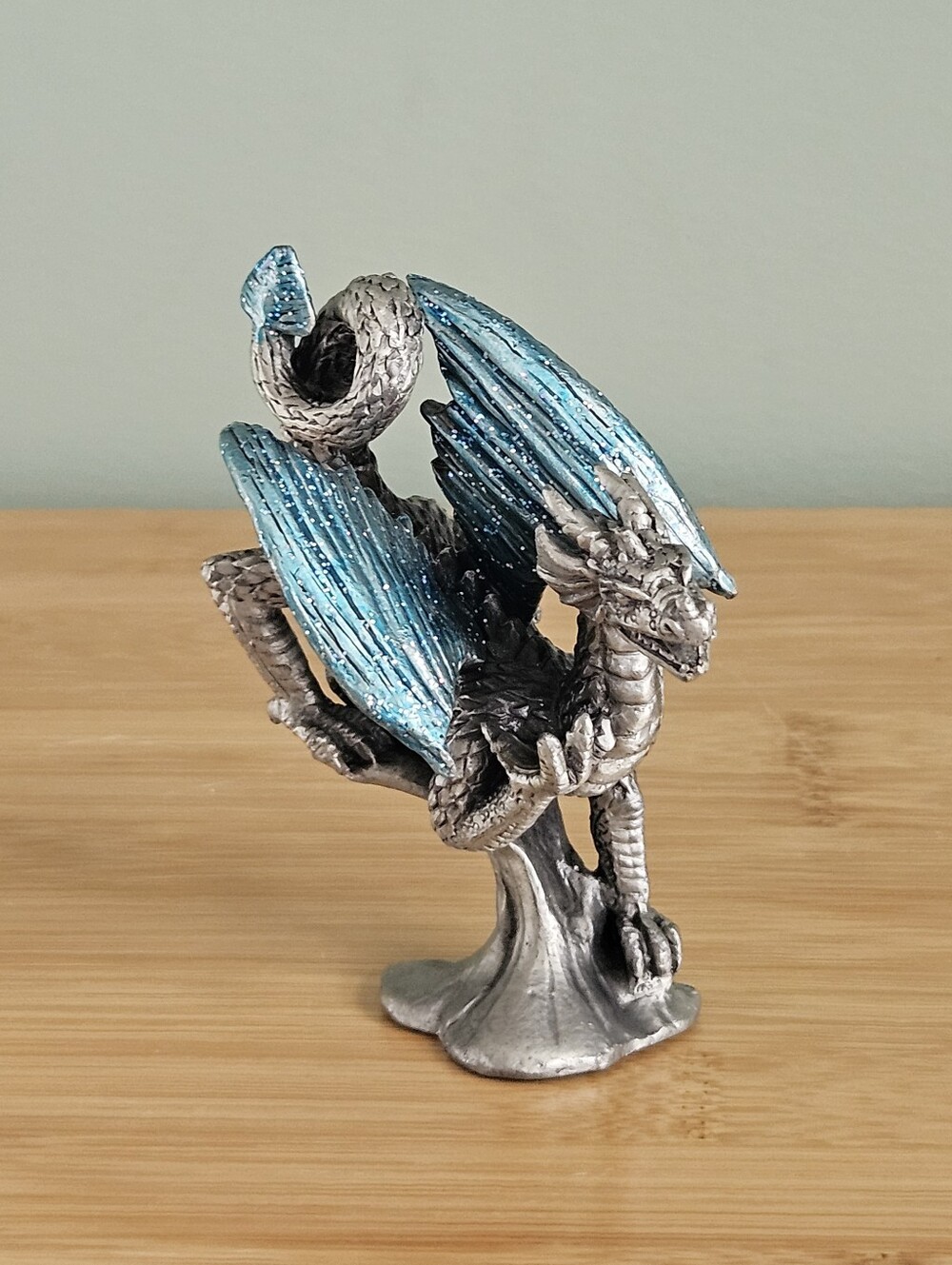 Pewter Fantasy Dragon Statue Figurine w/ Blue Wings, Approx. 3 in
